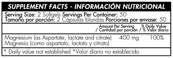 Magnesio Super Magnesium (Aspartate, Lactate and Citrate) 400mg Informacion Nutricional