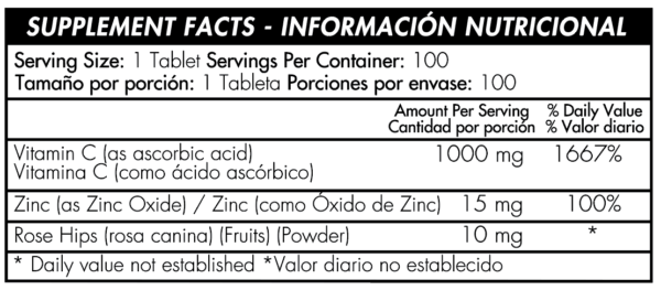 Vitamina C 1000 mg Plus Zinc Informacion Nutricional